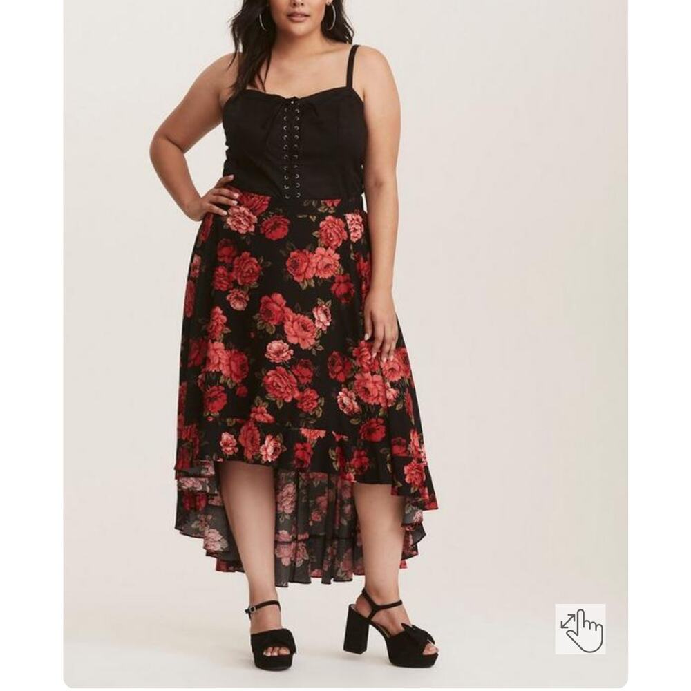 Torrid black rose high low Challis skirt size 0 - Picture 2 of 11